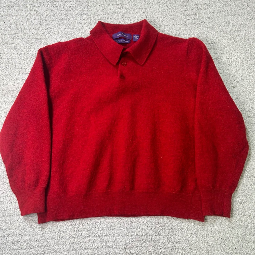 Alan Flusser Polo Sweater 1980s Vintage XL Red Merino Wool Academic Retro Luxury